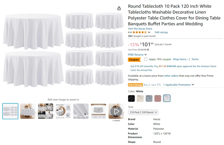 Aocoz White Table Cloth, 120", Like New