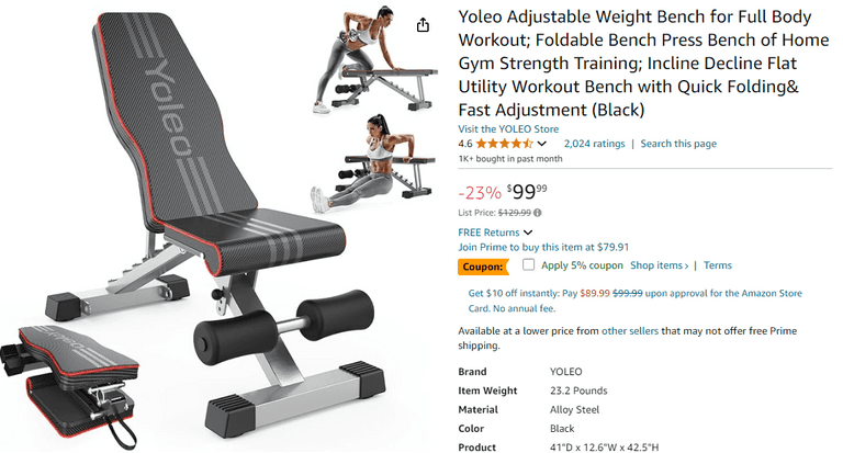 Yoleo Adjustable Weight Bench for Full Body Workout, Open Box