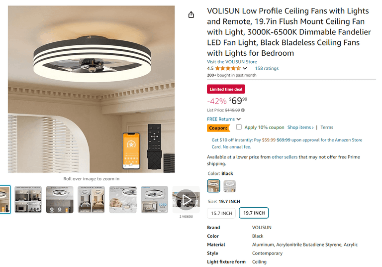 VOLISUN Ceiling Fan w/ Light, 19.7", Like New