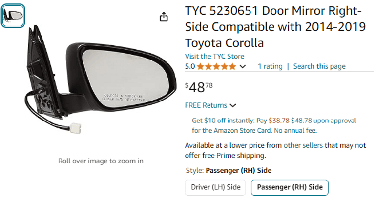 Door Mirror Right-Side Compatible with 2014-2019 Toyota Corolla, Open Box