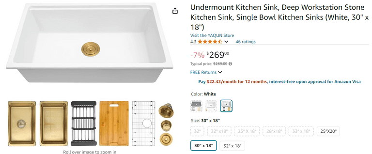 YAQUN Undermount Kitchen Sink, Black 30" x 18", Like New