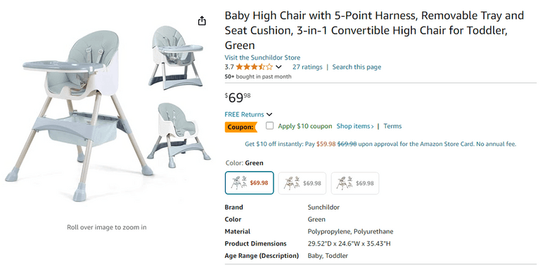 Sunchildor Baby High Chair, Open Box