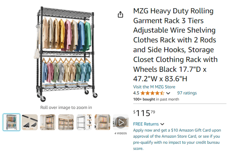 MZG Heavy Duty Rolling Garment Rack 3 Tiers Adjustable Wire Shelving ...