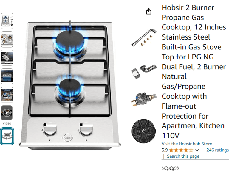 Hobsir 2 Burner Propane Gas Cooktop, 12 Inches, Open Box