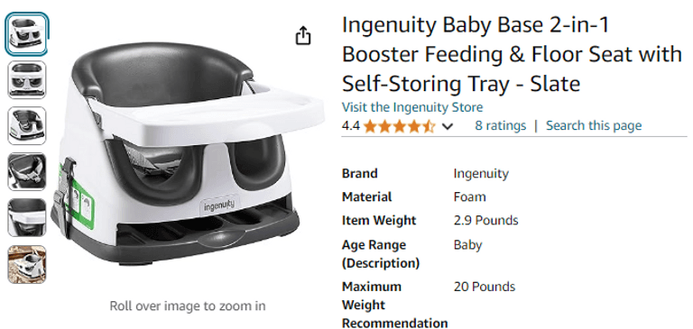 Ingenuity Baby Base 2-in-1 Booster Feeding & Floor Seat with Self-Storing Tray, Like New