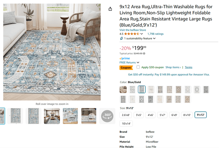 Befbee 9x12 Area Rug(Blue/Gold) | Like New