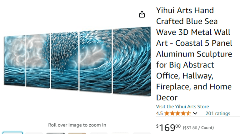 Hand Crafted Blue Sea Wave 3D Metal Wall Art | Like New