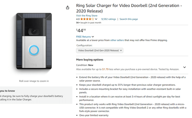 Ring Solar Charger for 2nd Generation Video Doorbell, Like New