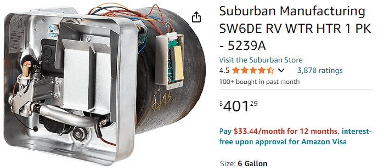 Suburban Manufacturing SW6DE RV Water Heater, Like New