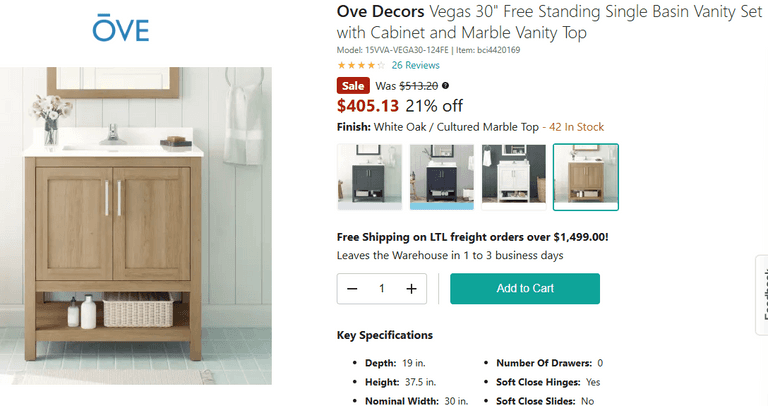 Ove Decors Free Standing Single Basin Vanity, 30
