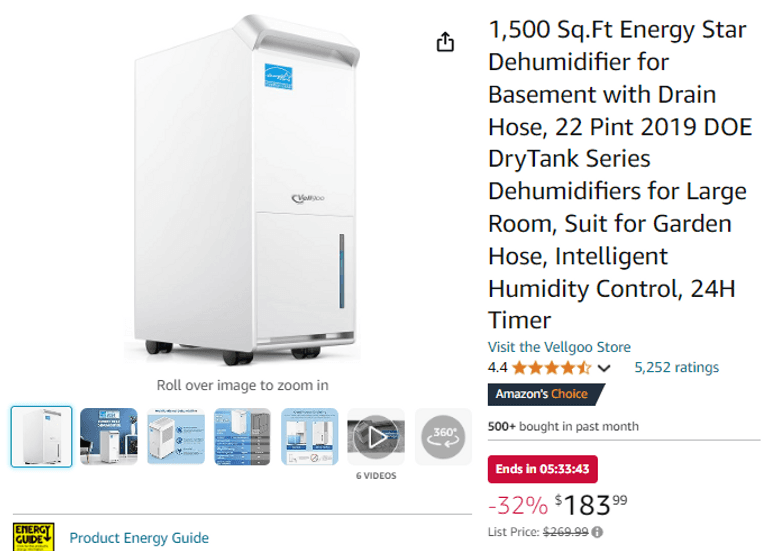 1,500 Sq.Ft Energy Star Dehumidifier for Basement with Drain Hose, 22 Pint, Open Box