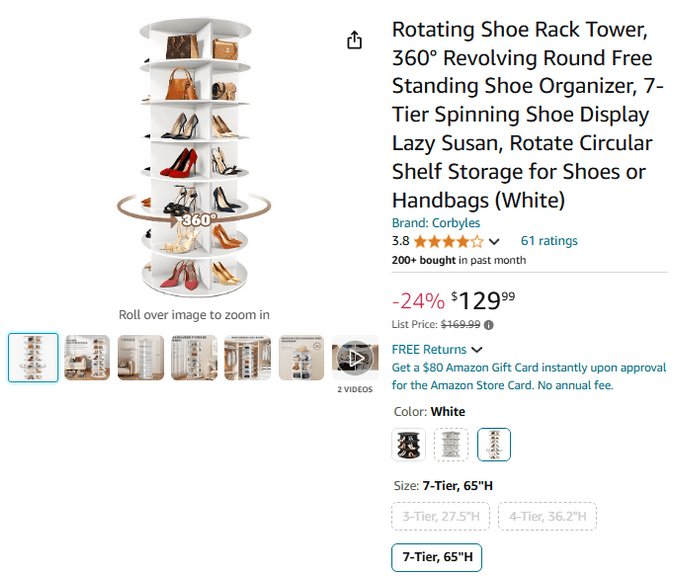 Rotating Shoe Rack Tower, 360° Revolving Round Free Standing Shoe Organizer | Like New