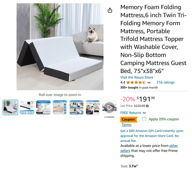 Memory Foam Folding Mattress,6 inch Twin Tri-Folding Memory Form Mattress | Open Box