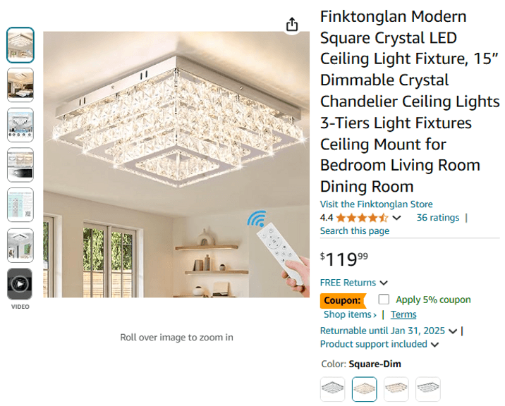 Finktonglan Modern Square Crystal LED Ceiling Light Fixture, 15” Dimmable Crystal Chandelier | Like New