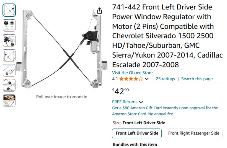 741-442 Front Left Driver Side Power Window Regulator with Motor (2 Pins) | Like New | (See Condition Notes)