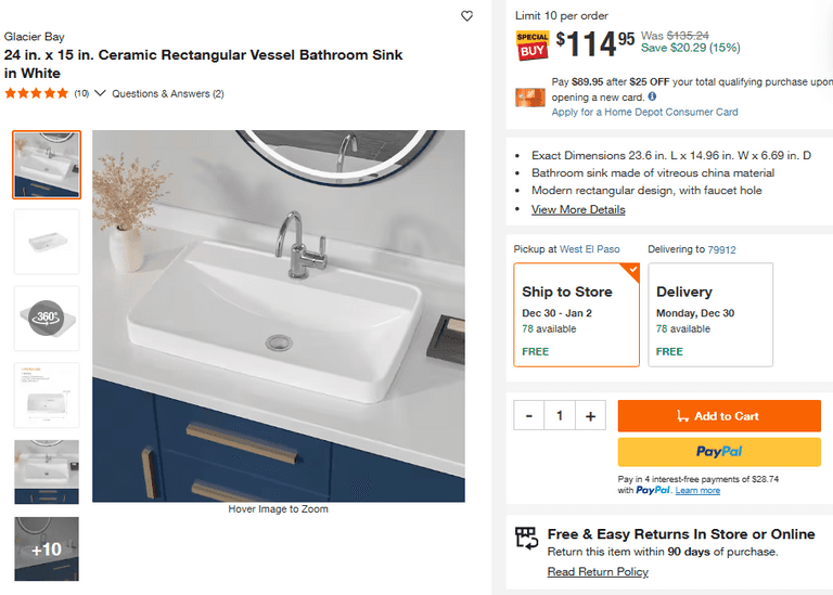 Glacier Bay 24 in. x 15 in. Ceramic Rectangular Vessel Bathroom Sink in ...