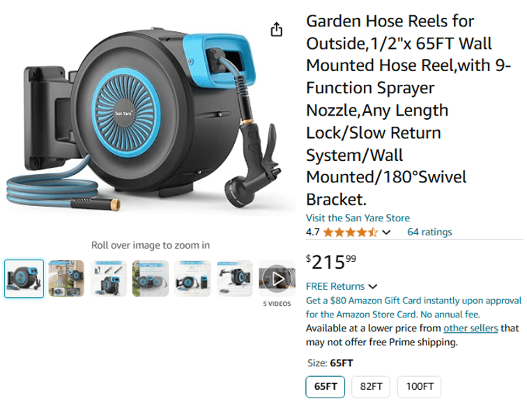 Garden Hose Reels for Outside,1/2"x 65FT Wall Mounted Hose Reel | Like New