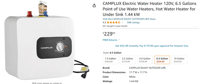 CAMPLUX Electric Water Heater 120V, 6.5 Gallons, ME70B , Like New/Open Box