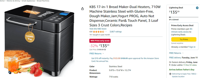 KBS Bread Maker, 17" , Like New/Open Box