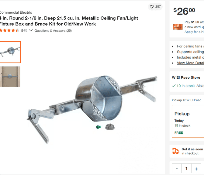 Metallic Ceiling Fan/Light Fixture Box and Brace Kit , Visually Good Condition