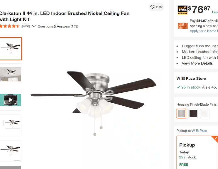 Clarkston II LED Indoor Brushed Nickel Ceiling Fan, 44" , Untested/Uninspected