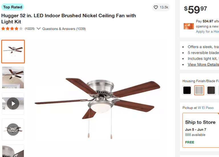 Hugger LED Indoor Brushed Nickel Ceiling Fan, 52" , Untested/Uninspected
