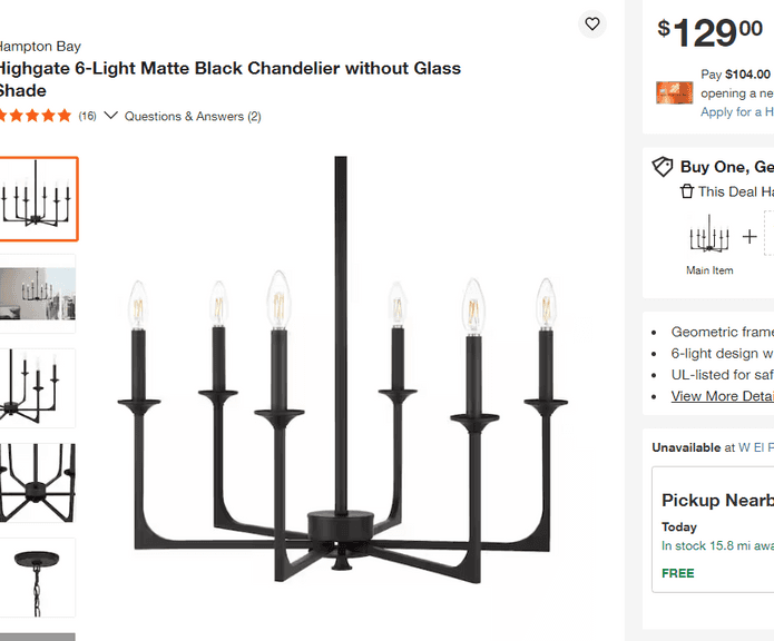 Highgate 6-Light Matte Black Chandelier , Untested/Uninspected