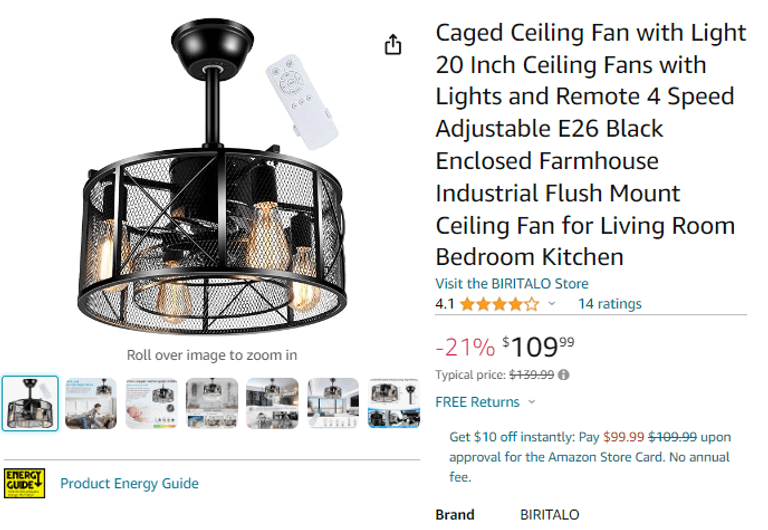 BIRITALO Caged Ceiling Fan with Light , New/Sealed