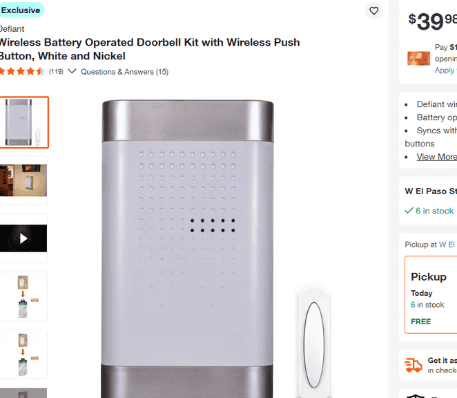 Wireless Battery Operated Doorbell Kit , Like New/Open Box