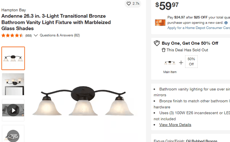 HAMPTON BAY 3-Light Vanity Fixture , Untested/Uninspected