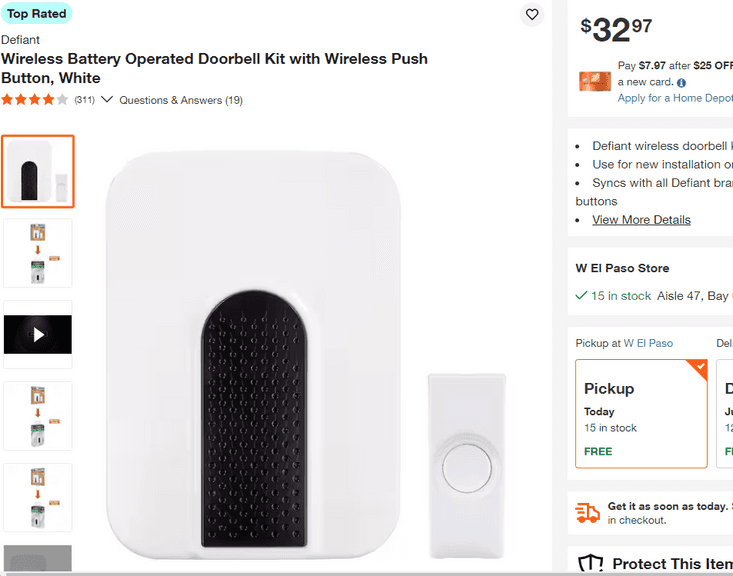 Wireless Battery Operated Doorbell Kit , Like New/Open Box