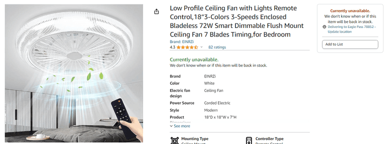 Einrzi Low Profile Ceiling Fan , Like New/Open Box