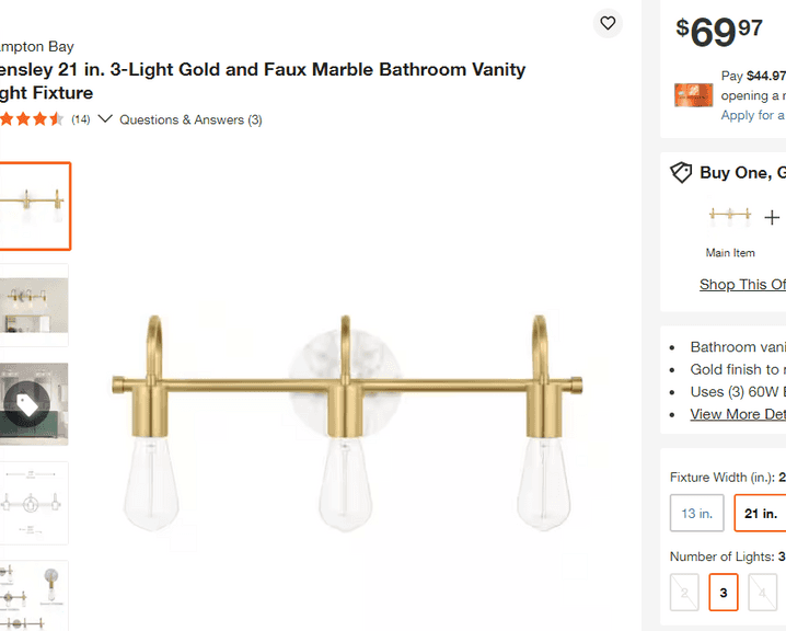Hensley 3-Light Gold and Faux Marble Bathroom Vanity, 21" , Like New/Open Box