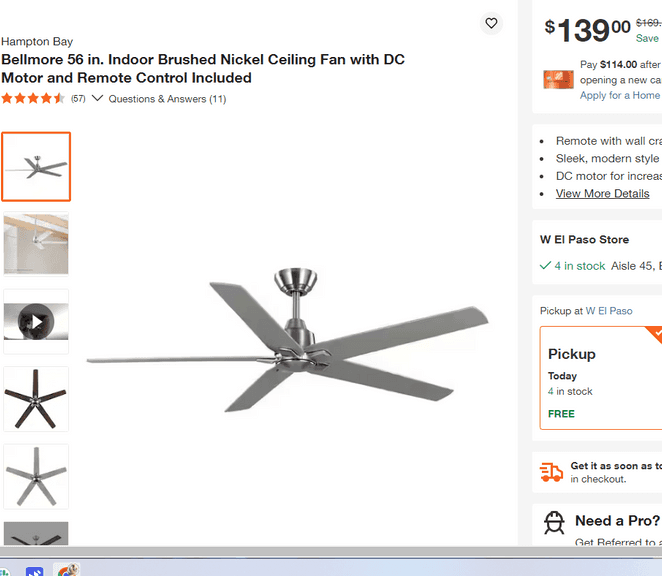 Bellmore Indoor Brushed Nickel Ceiling Fan, 56" , Untested/Uninspected