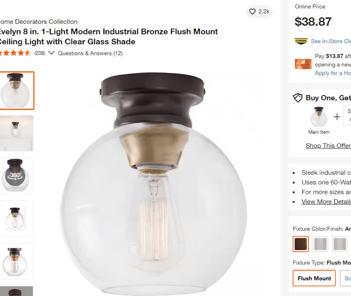 Evelyn Ceiling Light, 8" , Untested/Uninspected