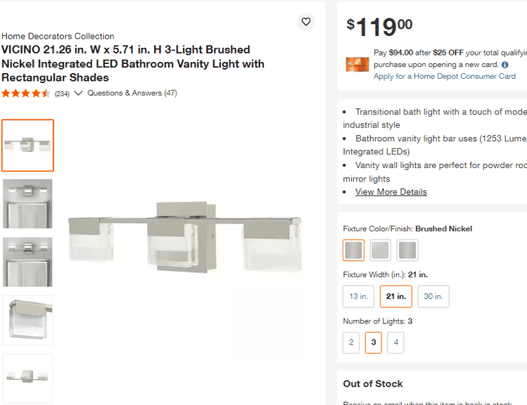 HOME Decorators VICINO 3-Light LED Bathroom Vanity Light w/ Rectangular Shades, 21.26" x 5.71" , Untested/Uninspected