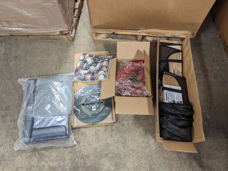 Pallet of Sunshade Kits, Valentines Wreath, Flannel Shirts, Outdoor Hats & Miscellaneous Items Bundle , Like New