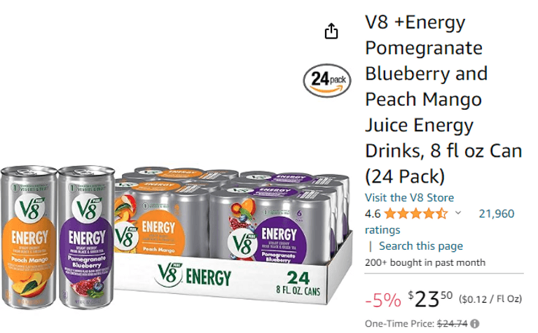 V8 +Energy Pomegranate Blueberry and Peach Mango Juice Energy Drinks , Contains Defect