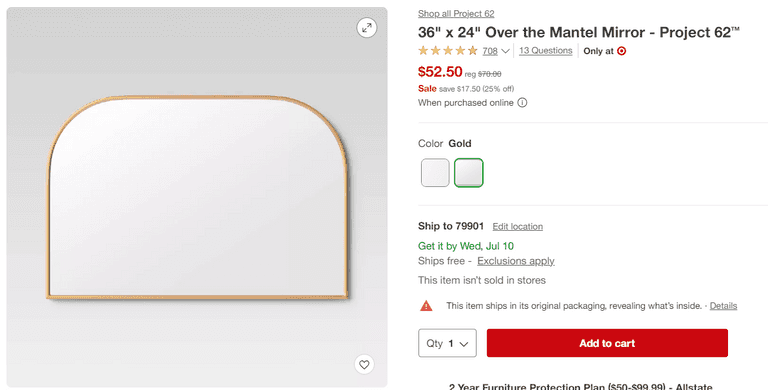 36" x 24" Over the Mantel Mirror , Like New/Open Box