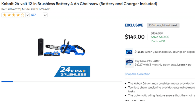 Kobalt 24-volt 12" Chainsaw w/o Battery , Contains Defect