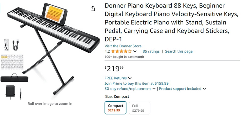 Donner DEP-1 Electric Piano Keyboard 88 Keys , Open Box