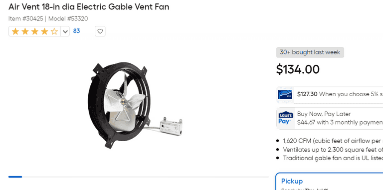 Air Vent 18" Electric Gable Vent Fan , Like New/Open Box