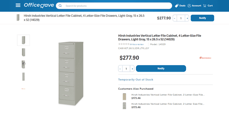 Hirsh Industries Vertical Letter File Cabinet, 15 x 26.5 x 52" , Visually Good Condition
