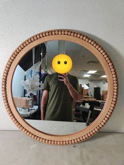 28" Round Wooden Beaded Wall Mirror Natural , Like New/Open Box