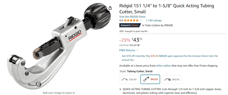 Ridgid 151 1/4" to 1-5/8" Quick Acting Tubing Cutter , Like New