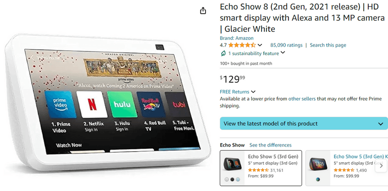 Echo Show 8 HD Smart Display w/Alexa 
& 13 MP Camera, 2nd Gen , Like New