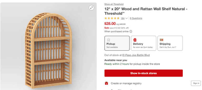 12" x 20" Wood and Rattan Wall Shelf , Like New/Open Box