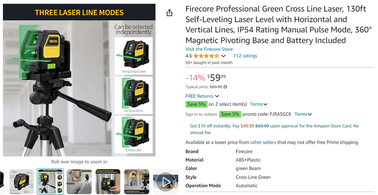 Firecore 3 x 360 Self Leveling Line Laser Tool , Open Box