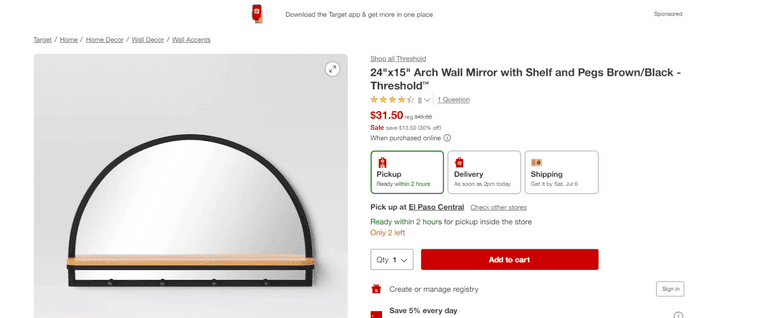 Threshold Arch Wall Mirror with Shelf and Pegs, 24"x15" , Visually Good Condition