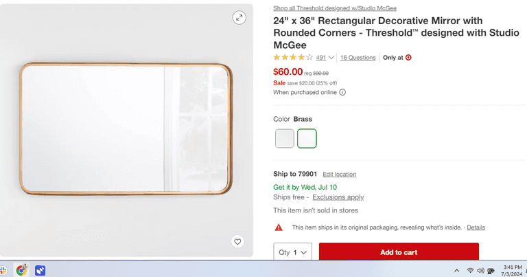 24" x 36" Rectangular Decorative Mirror , Visually Good Condition